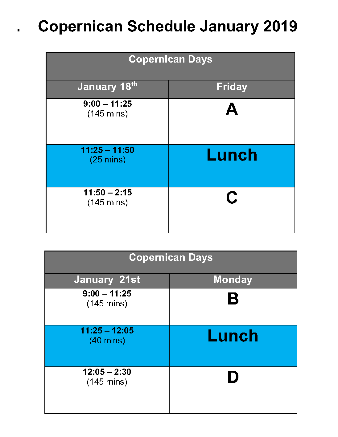 january bell schedule