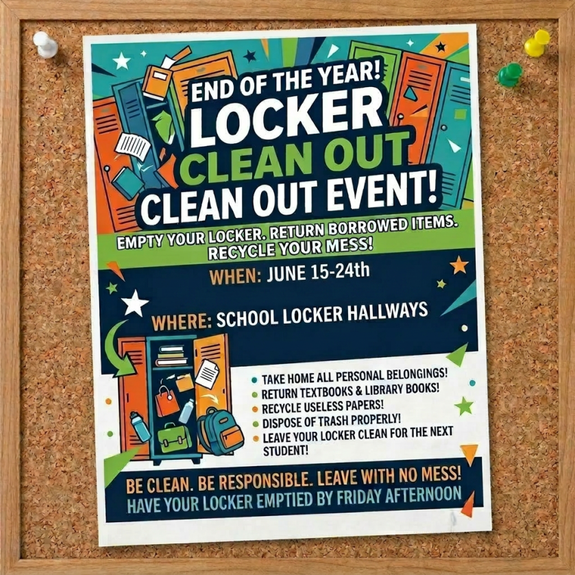 Poster announcing school locker clean-out event from June 10 to 14, 7:30 AM to 3:30 PM, at school locker hallways