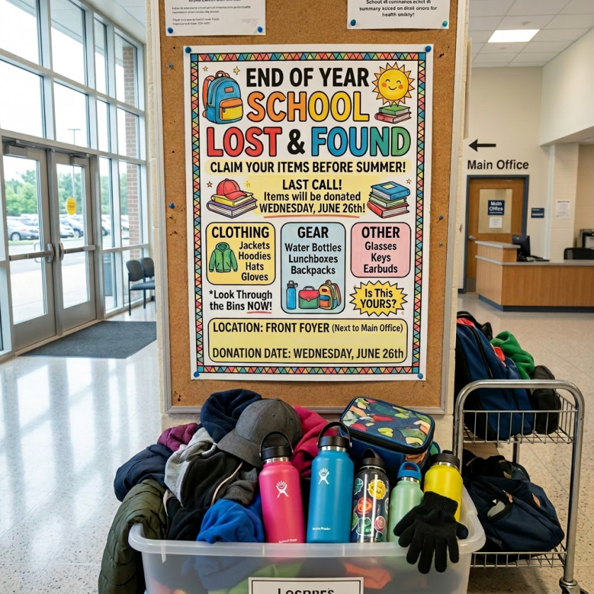 End of year school lost and found sign with jackets, water bottles, and backpacks